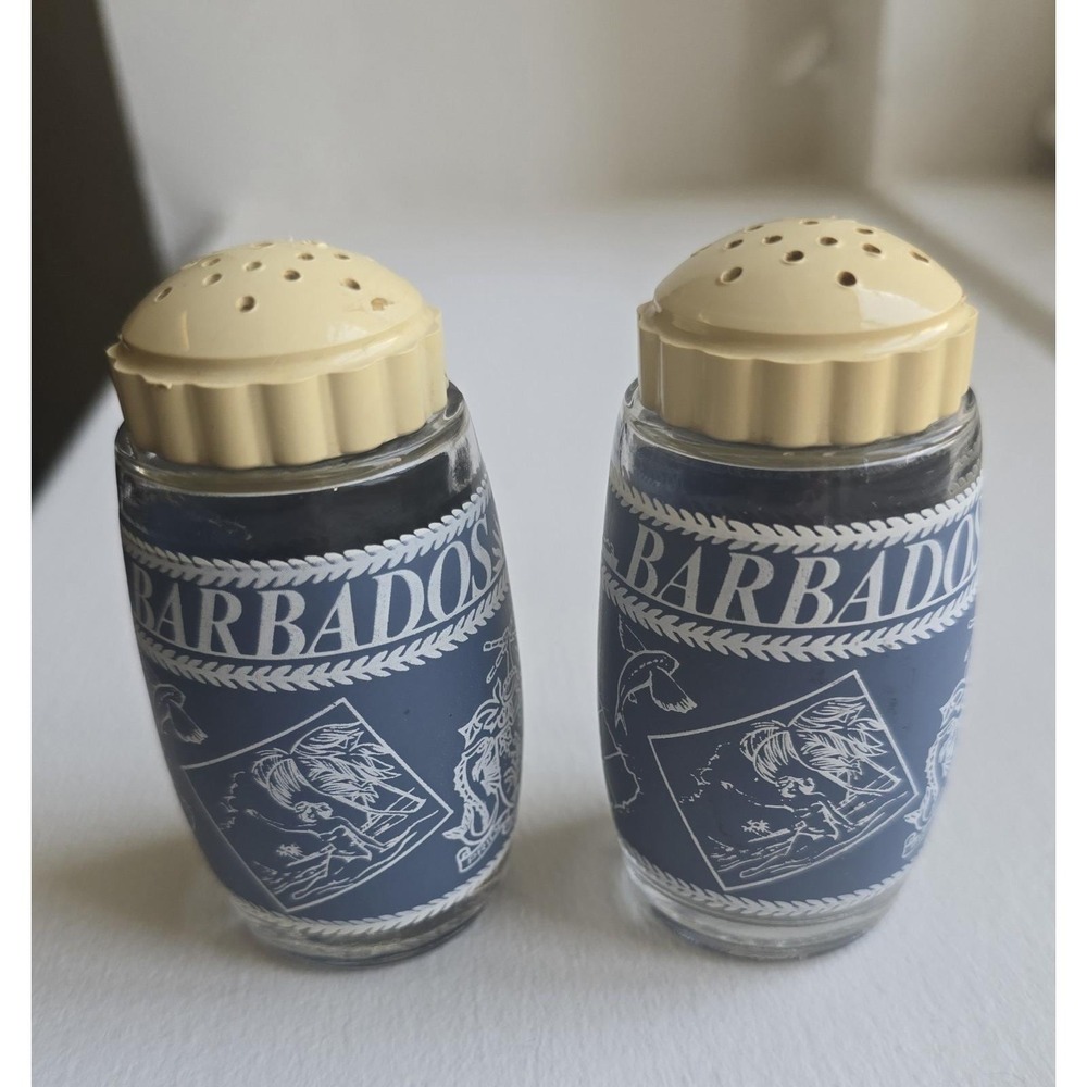 Vintage Van Pak Barbados Souvenir Salt Pepper Shakers Glass Blue West‎ Indies